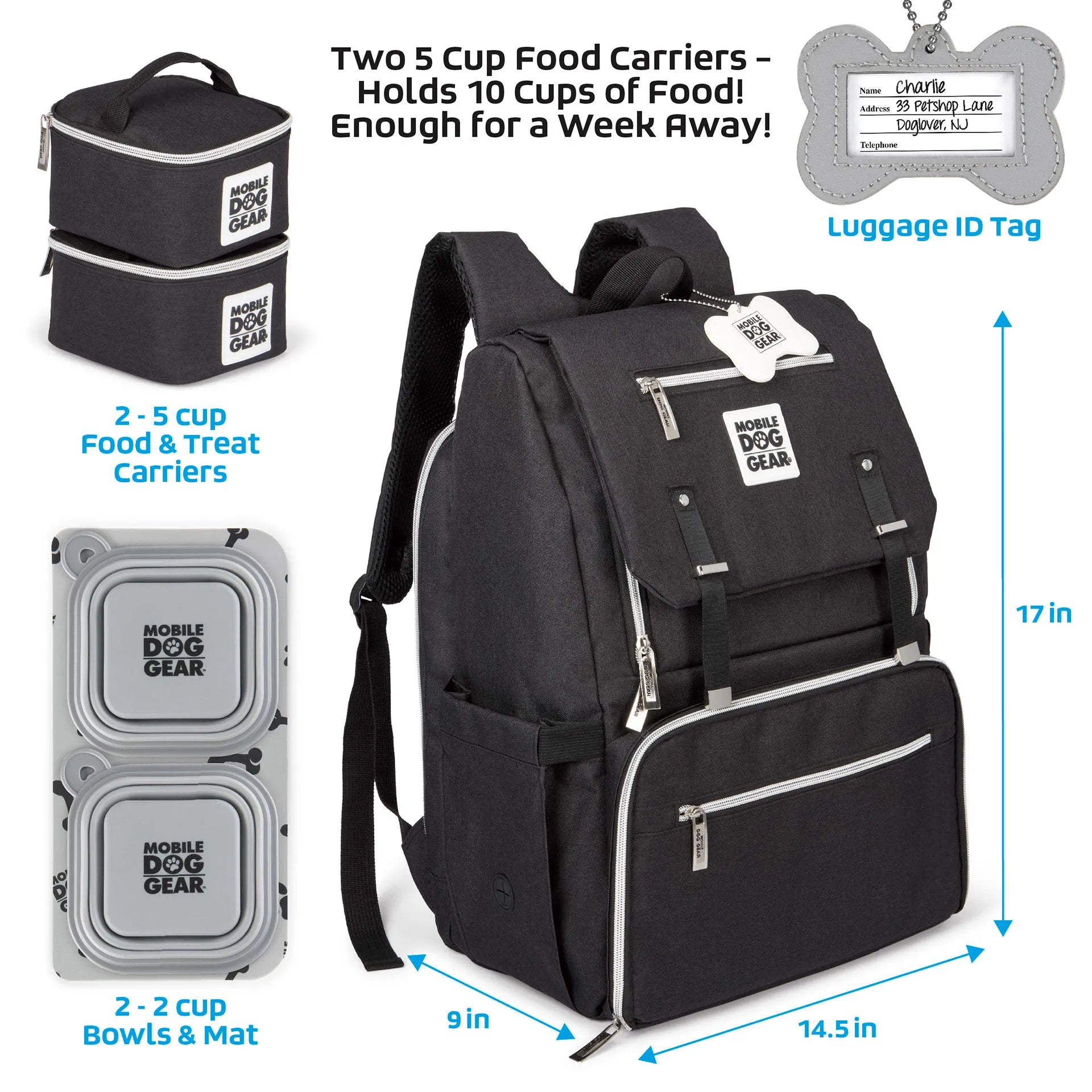 Ultimate Week Away Backpack,"Black backpack with two food carriers, bowls, and bone-shaped tag"