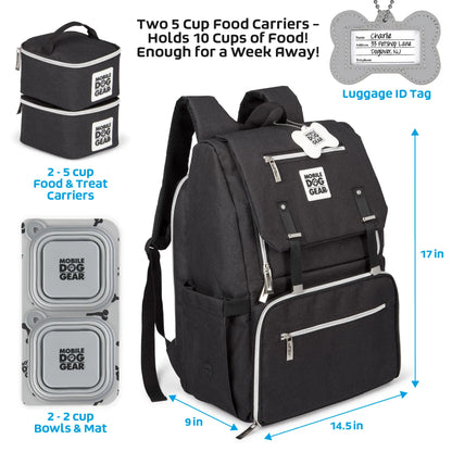 Ultimate Week Away Backpack,"Black backpack with two food carriers, bowls, and bone-shaped tag"