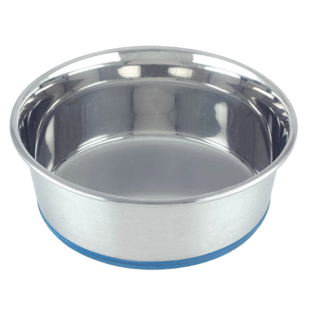 Heavy Premium Pet Dishes,"Stainless steel pet bowl with blue rubber base ring"
