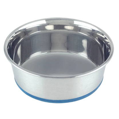 Heavy Premium Pet Dishes,"Stainless steel pet bowl with blue rubber base ring"