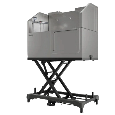 Dog Grooming Electric Tub with Sliding Door by Waggz,"Stainless steel grooming tub on black electric lift base"