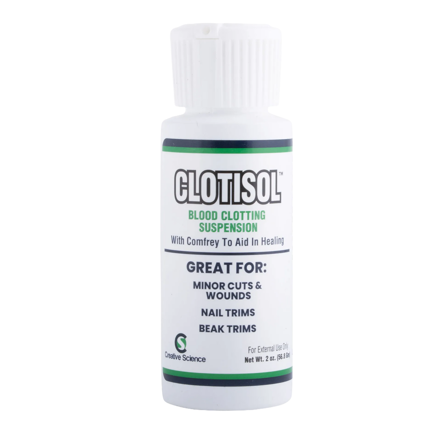 Clotisol®,"White bottle with ribbed cap and front label"