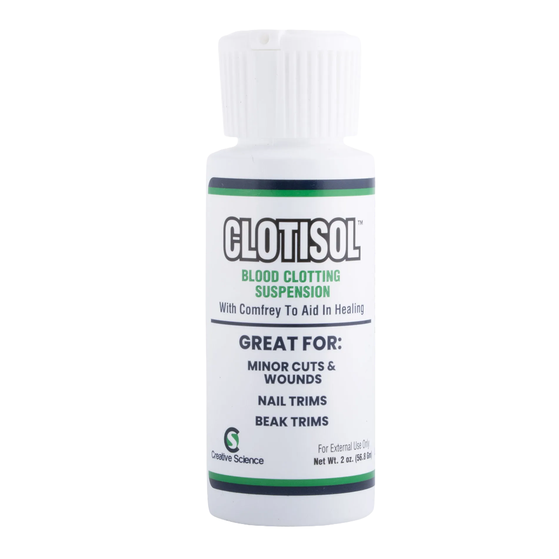 Clotisol®,"White bottle with ribbed cap and front label"