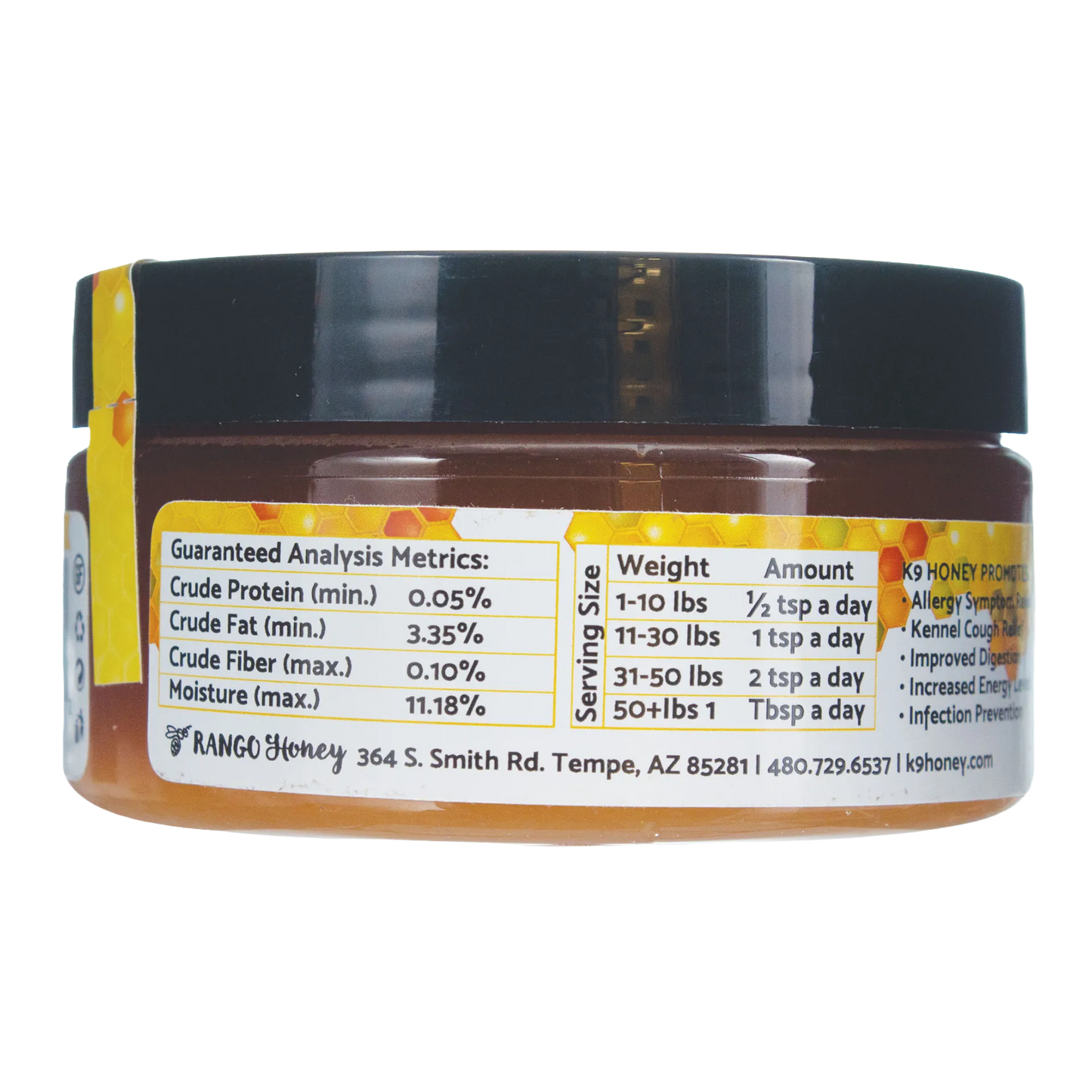 K9 Honey,"Amber jar with black lid, back label view"