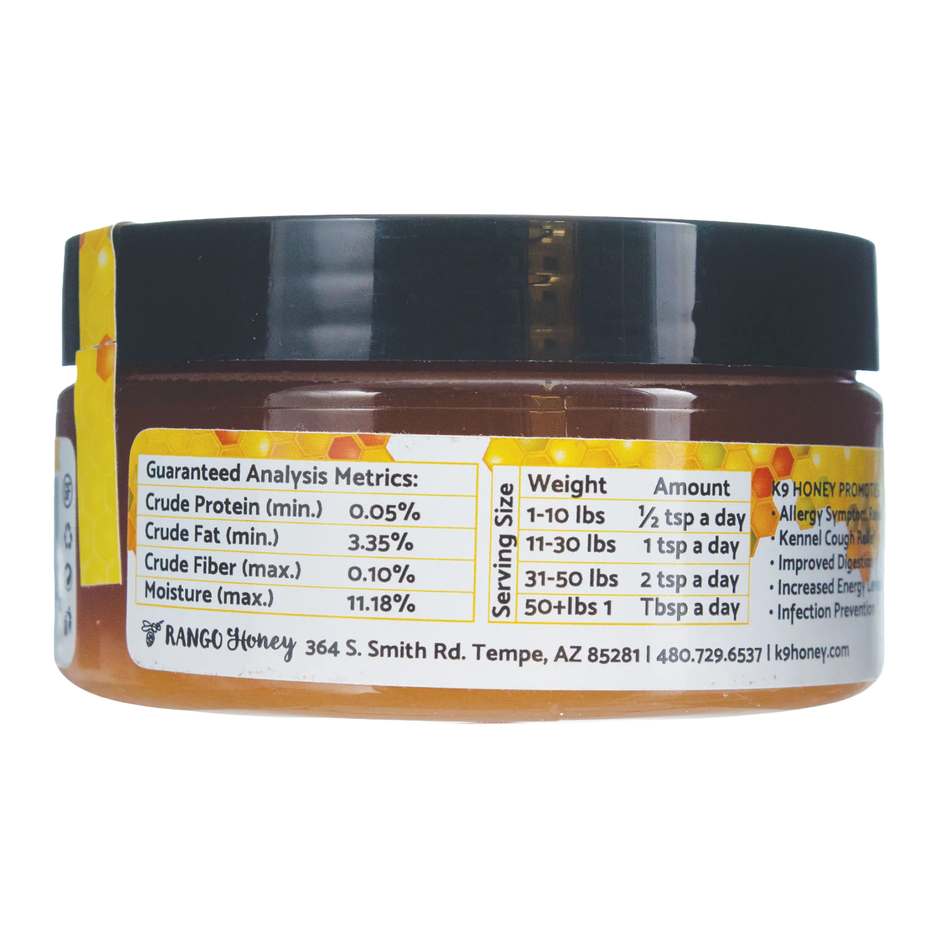 K9 Honey,"Amber jar with black lid, back label view"