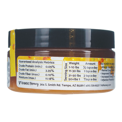 K9 Honey,"Amber jar with black lid, back label view"