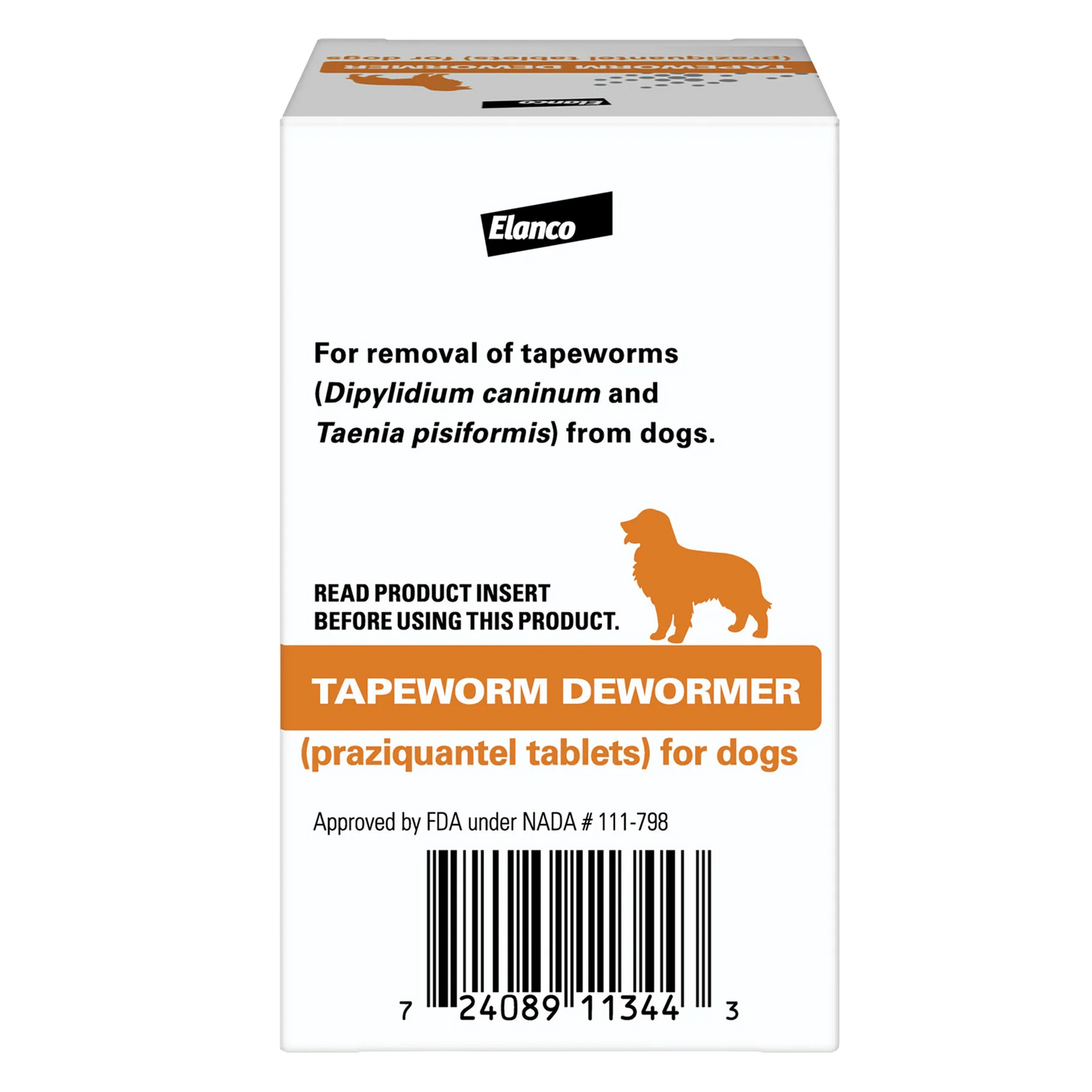 Tapeworm Dewormer,"Front view of white box with orange dog silhouette"