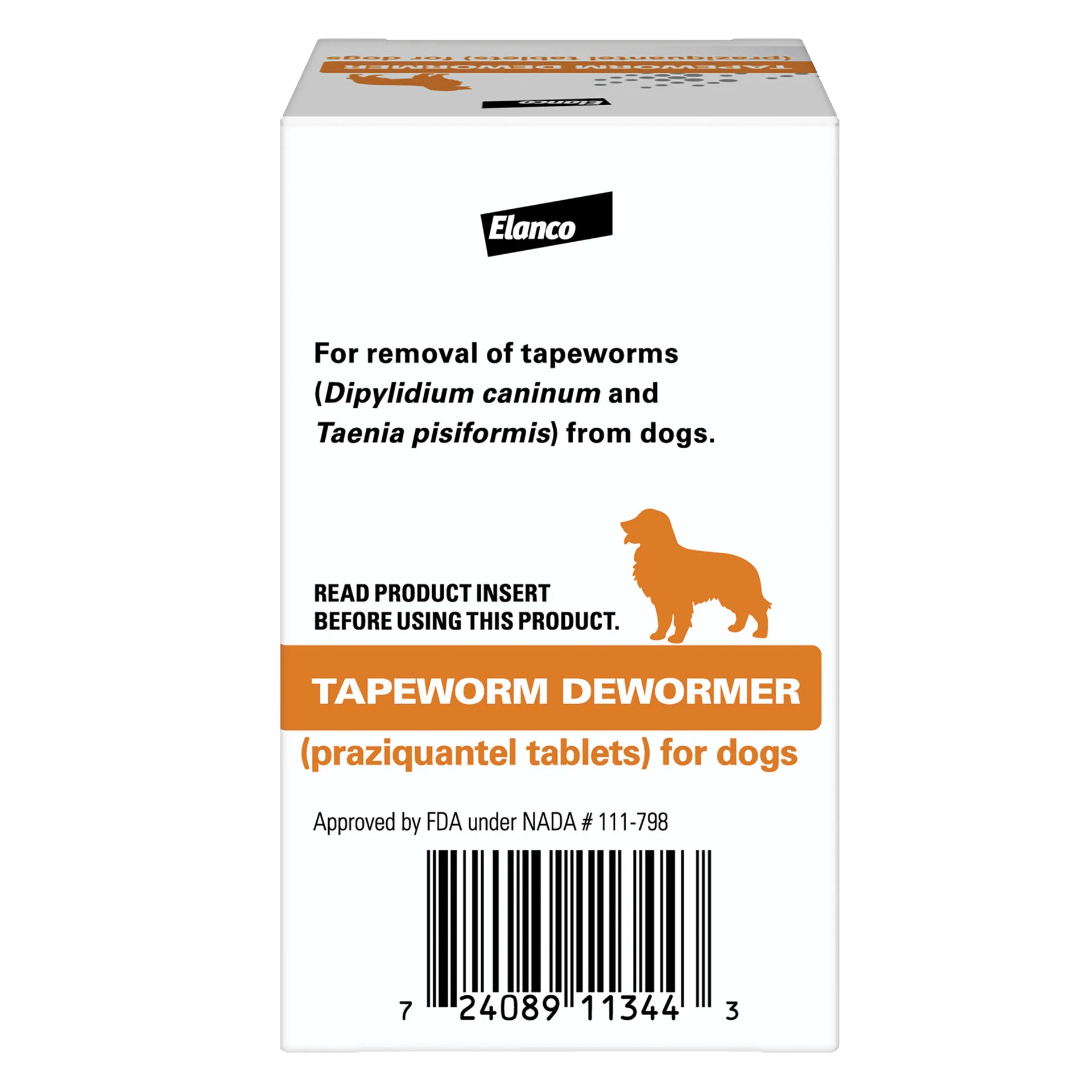 Tapeworm Dewormer,"Front view of white box with orange dog silhouette"