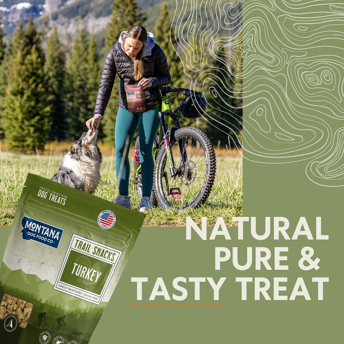 Trail Snacks: Freeze-Dried Raw Dog Treats,"Green treat bag with turkey pieces and outdoor scene"