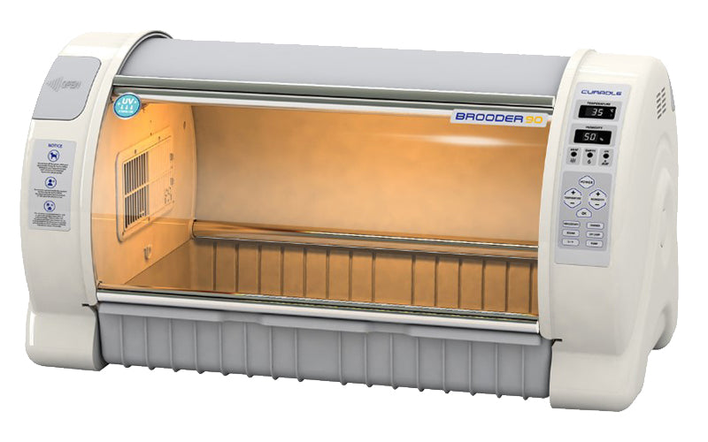 Pet Brooder 90 4th Generation by Rcom USA,"White enclosed pet brooder with clear front door and side control panel"