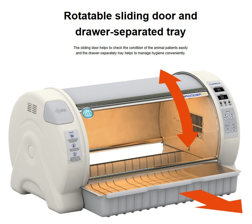 Pet Brooder 90 4th Generation by Rcom USA,"Pet brooder with open sliding door and pull-out tray"