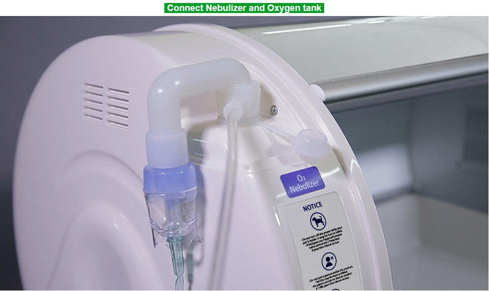 Pet Brooder 90 4th Generation by Rcom USA,"Side view with attached nebulizer cup and tubing"
