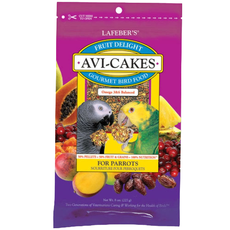 Lafeber Avi-Cakes Fruit Delight Bird Food,"Front of bird food bag with two parrots and fruit"