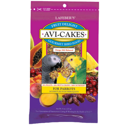 Lafeber Avi-Cakes Fruit Delight Bird Food,"Front of bird food bag with two parrots and fruit"