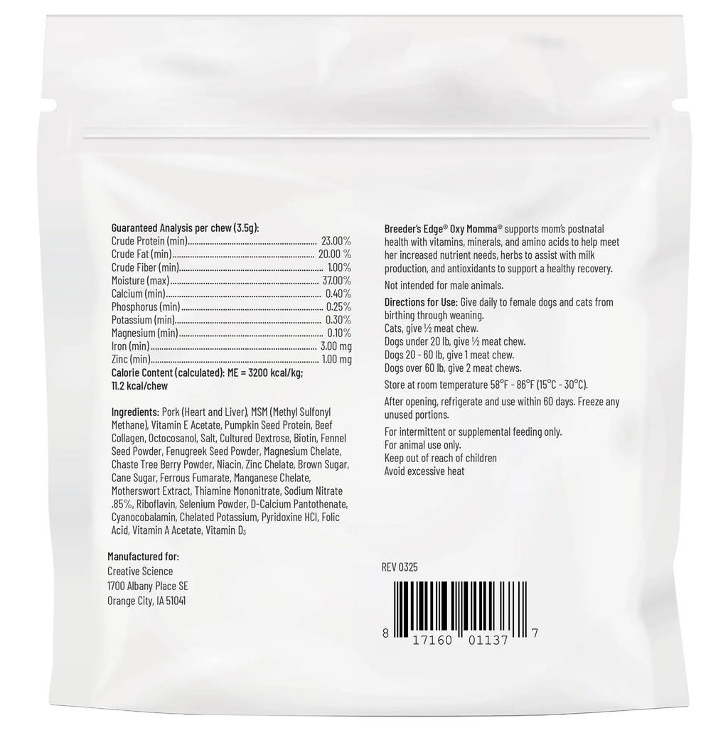 Breeder's Edge® Oxy Momma®,"Back of white resealable pouch with product information and barcode"