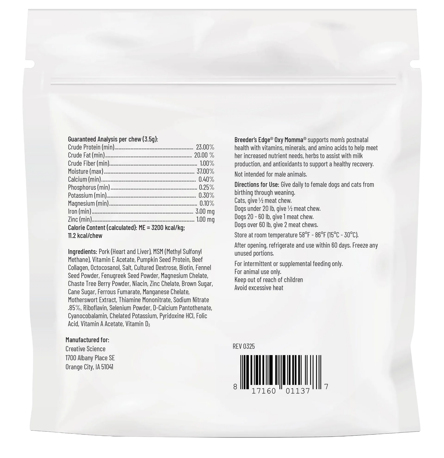 Breeder's Edge® Oxy Momma®,"Back of white resealable pouch with product information and barcode"