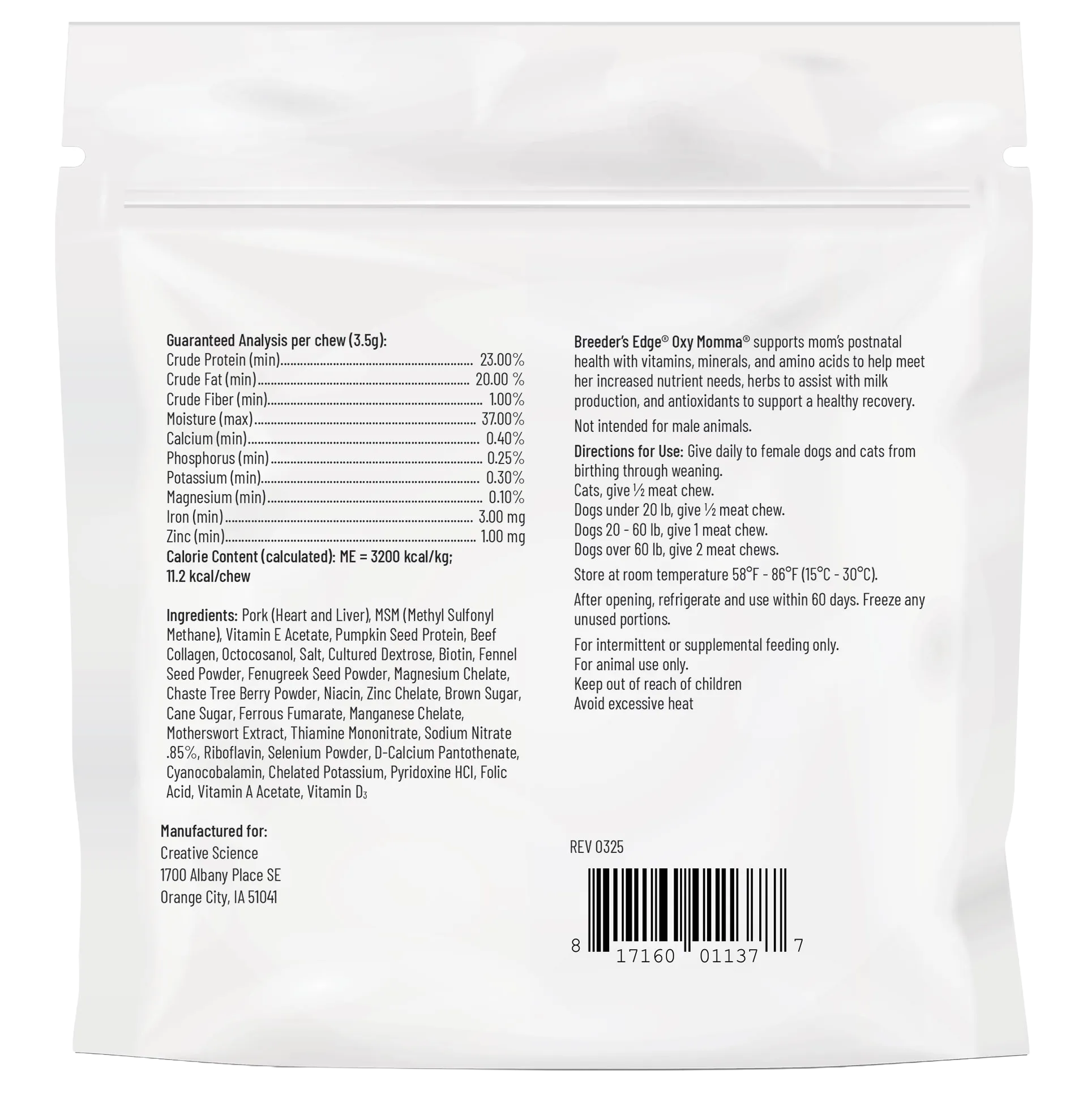 Breeder's Edge® Oxy Momma®,"Back of white resealable pouch with product information and barcode"