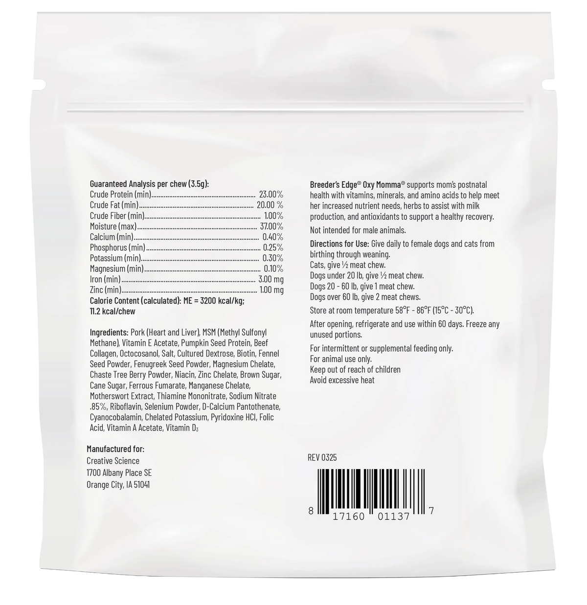 Breeder's Edge® Oxy Momma®,"Back of white resealable pouch with product information and barcode"