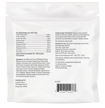 Breeder's Edge® Oxy Momma®,"Back of white resealable pouch with product information and barcode"