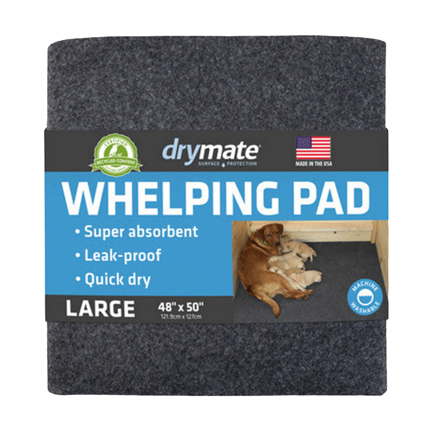 Whelping Pads for Dogs,"Folded gray pad with front label visible"