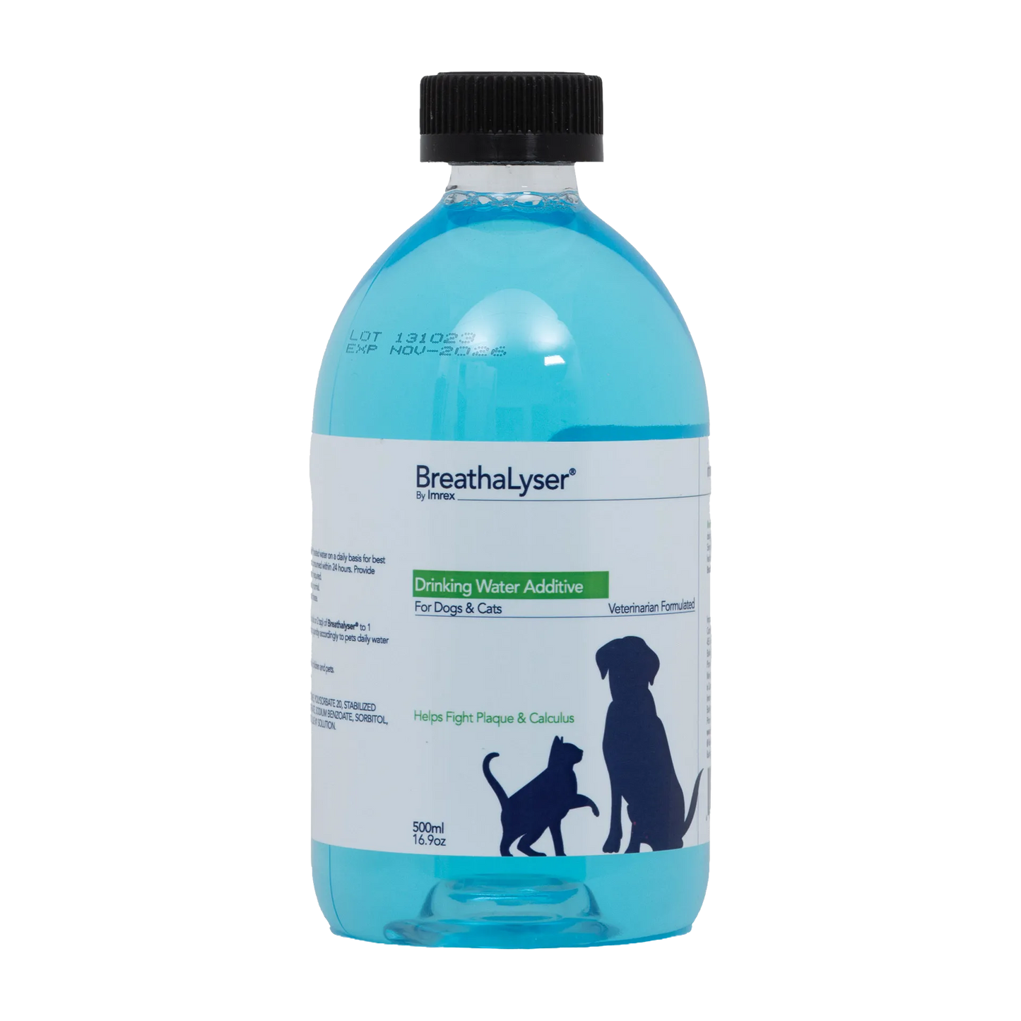 Breathalyser® Drinking Water Additive for Dogs and Cats,"Clear bottle with blue liquid and black cap"