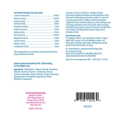 Shelter's Choice™ Electrolyte Supplement,"Back of bottle label with directions and barcode"