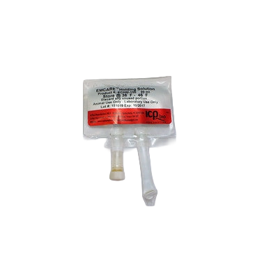 EmCare Holding Solution,"Clear solution pouch with attached tubes and red label"
