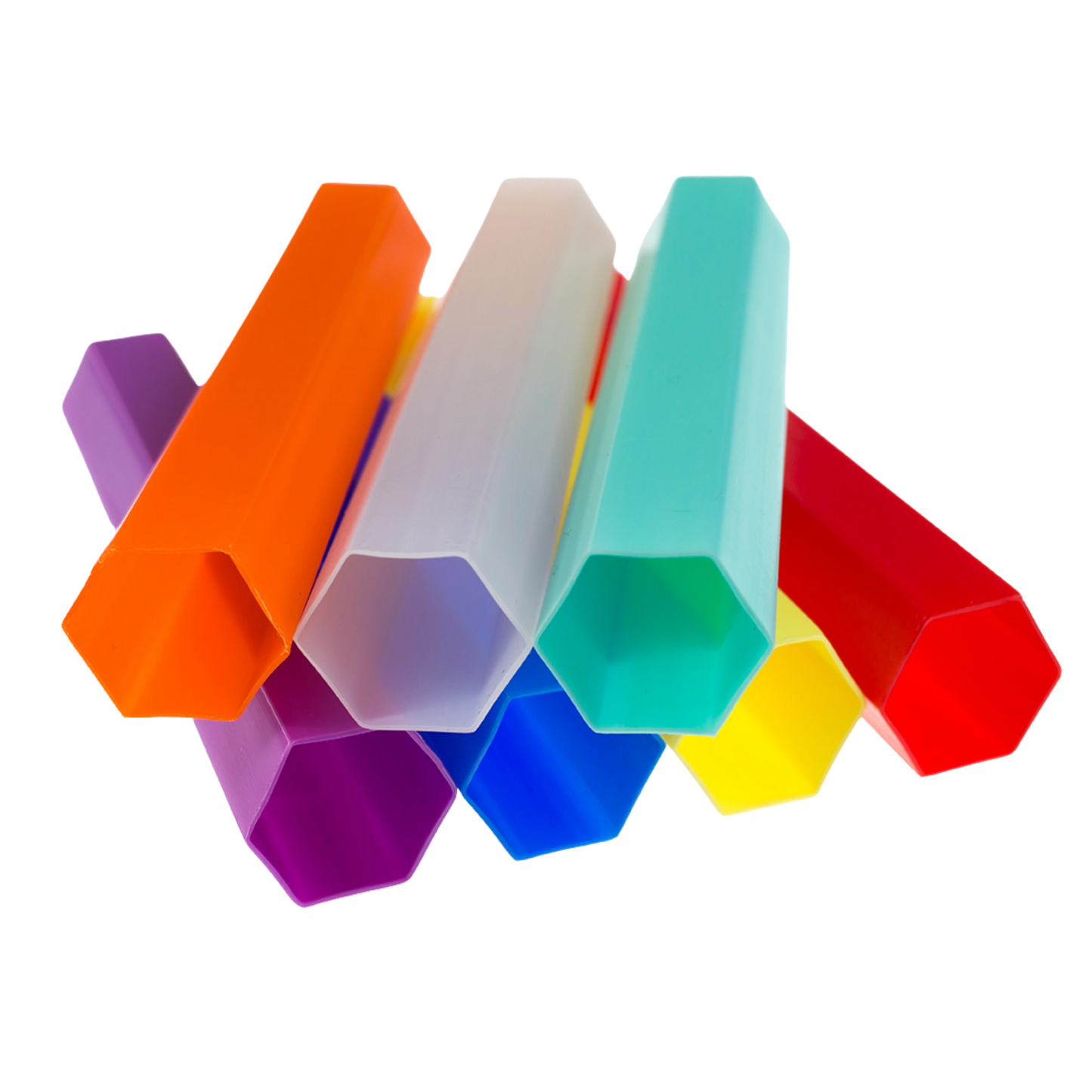 Goblet Hex IMV,"Stacked hexagonal plastic tubes in assorted colors"