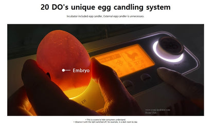 Pro-20 DO Incubator by Rcom USA,"Egg held above illuminated incubator candling light"