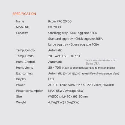 Pro-20 DO Incubator by Rcom USA,"Product specification sheet with details table"