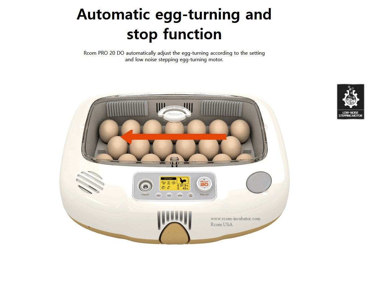 Pro-20 DO Incubator by Rcom USA,"Egg incubator interior with eggs and turning direction arrow"