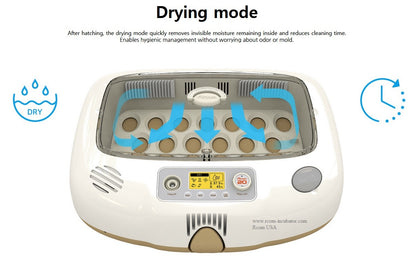 Pro-20 DO Incubator by Rcom USA,"Open incubator with egg tray and blue airflow arrows"