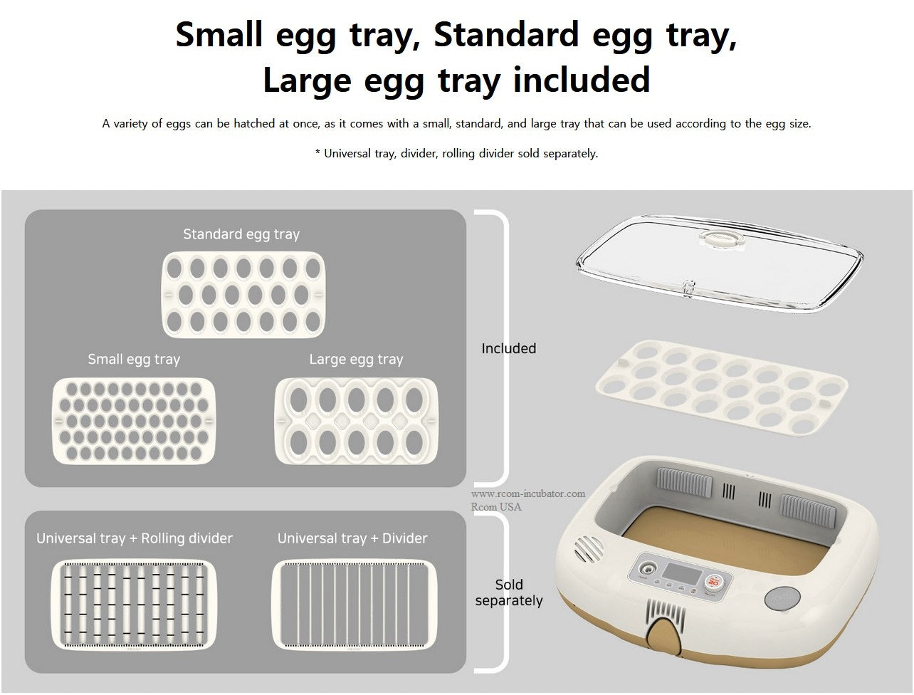 Pro-20 DO Incubator by Rcom USA,"Incubator with clear lid and three white egg trays"