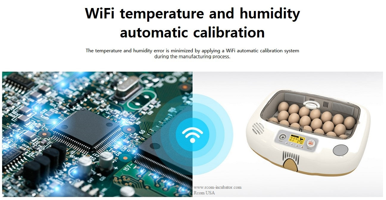 Pro-20 DO Incubator by Rcom USA,"Open egg incubator with eggs and WiFi calibration graphic"