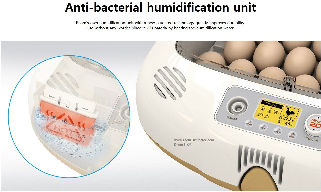 Pro-20 DO Incubator by Rcom USA,"Incubator with egg tray and close-up humidification unit"