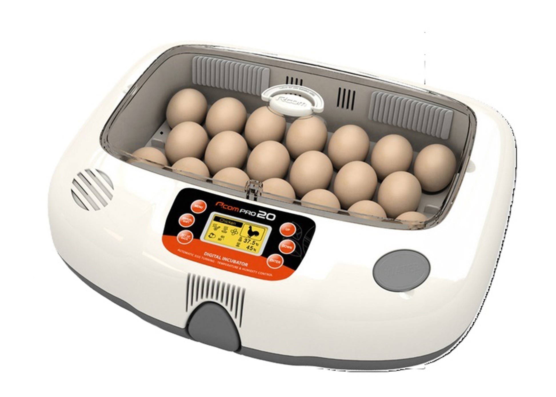 Pro-20 Incubator by Rcom USA,"White egg incubator with clear lid and eggs inside"