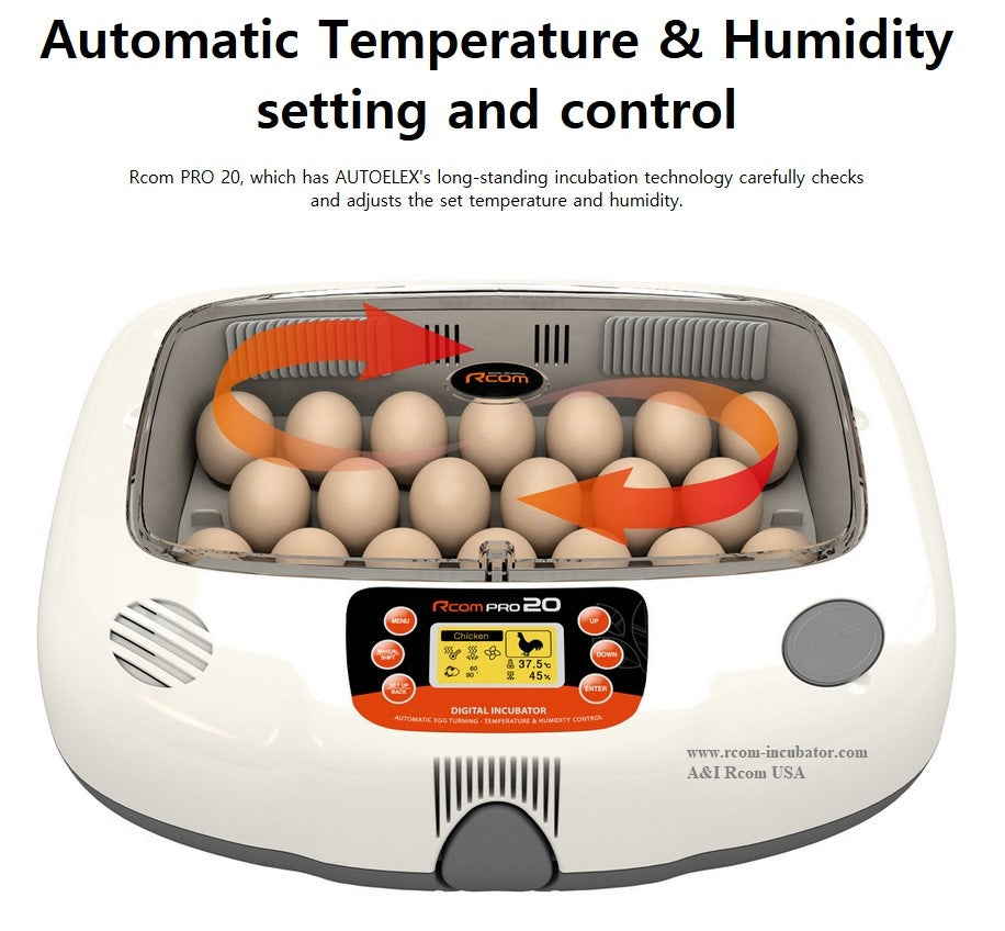 Pro-20 Incubator by Rcom USA,"Egg incubator with clear lid showing eggs and airflow arrows"