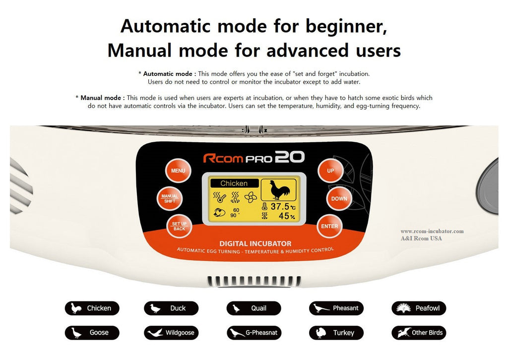 Pro-20 Incubator by Rcom USA,"Incubator control panel close-up with digital display and buttons"