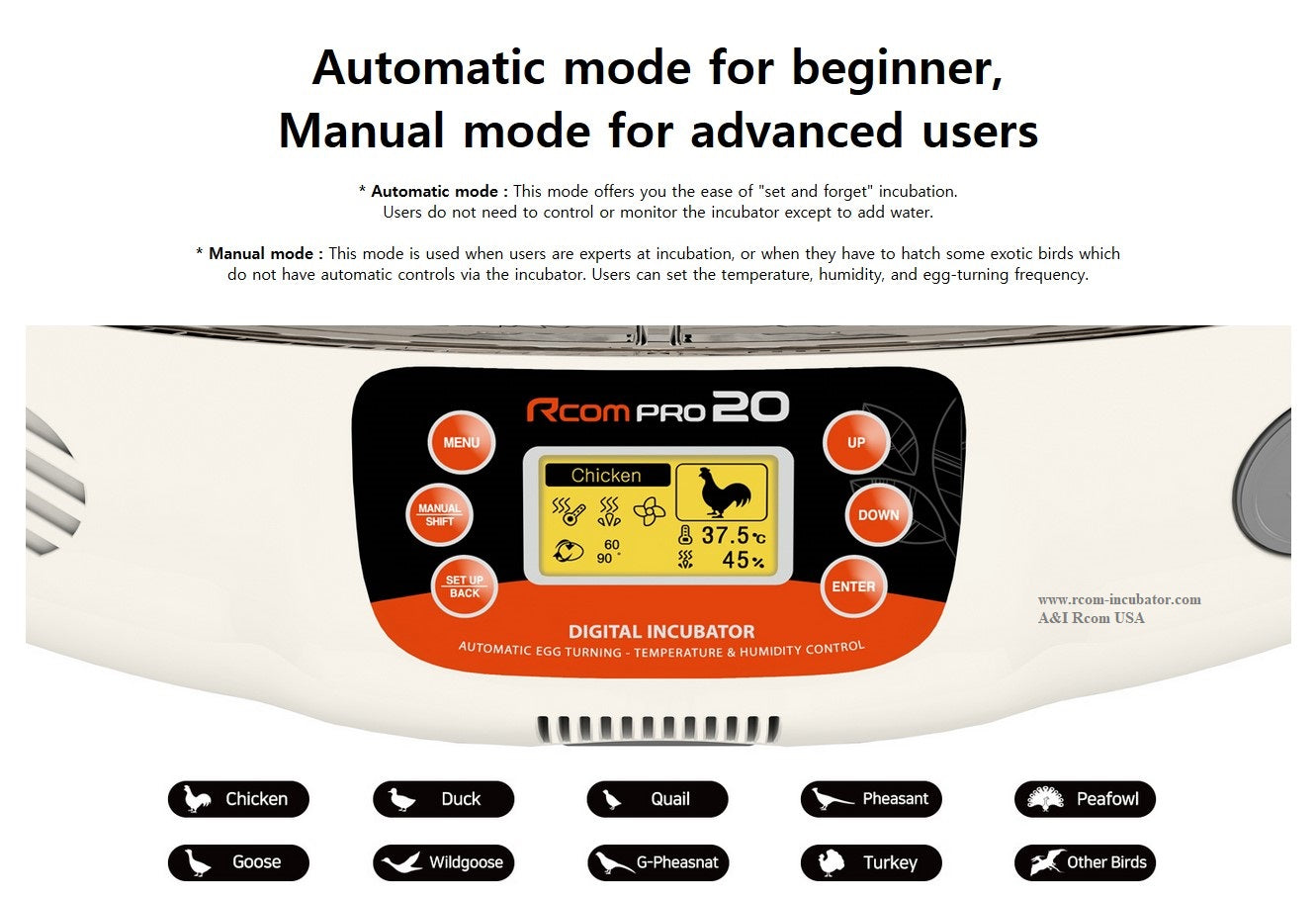 Pro-20 Incubator by Rcom USA,"Incubator control panel close-up with digital display and buttons"