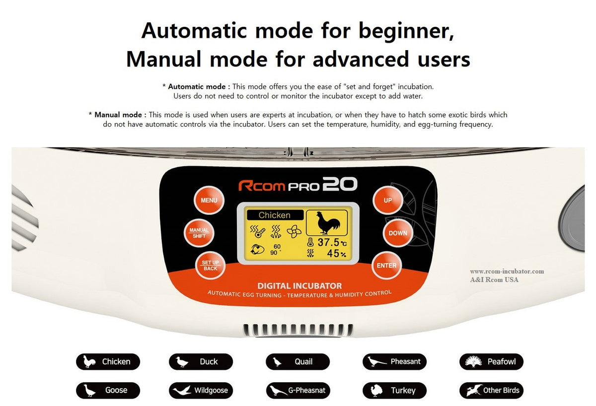 Pro-20 Incubator by Rcom USA,"Incubator control panel close-up with digital display and buttons"