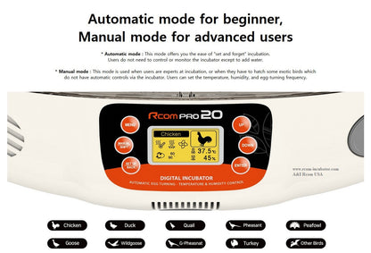 Pro-20 Incubator by Rcom USA,"Incubator control panel close-up with digital display and buttons"