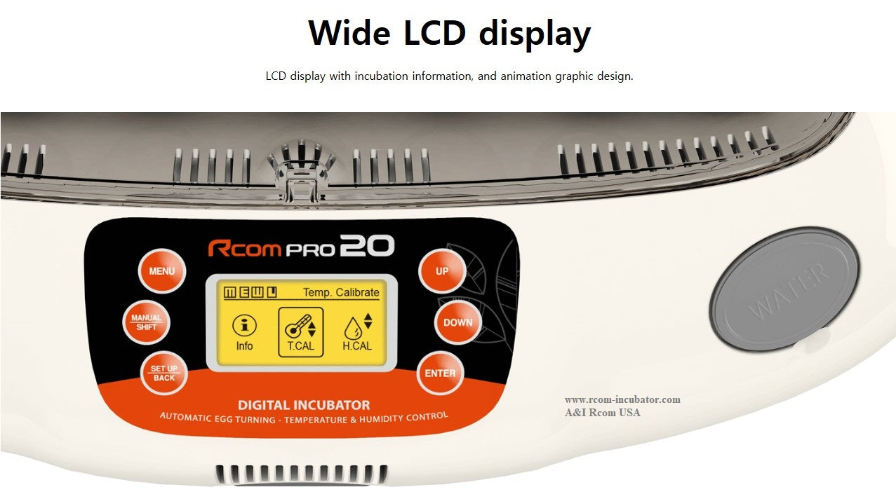 Pro-20 Incubator by Rcom USA,"Close-up of LCD control panel and water port"