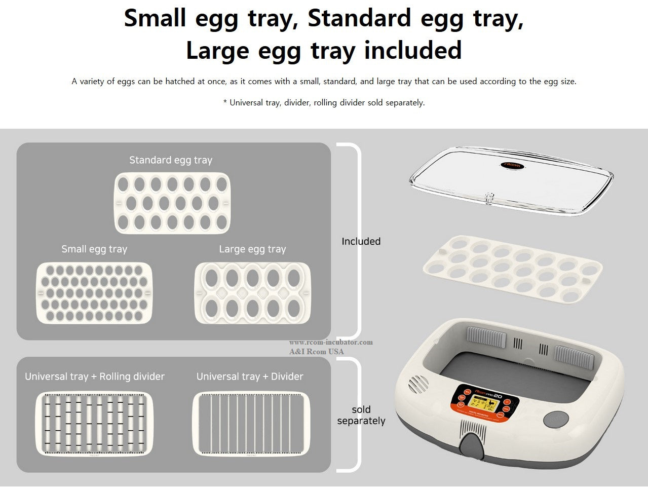 Pro-20 Incubator by Rcom USA,"Incubator with clear lid and three removable egg trays"