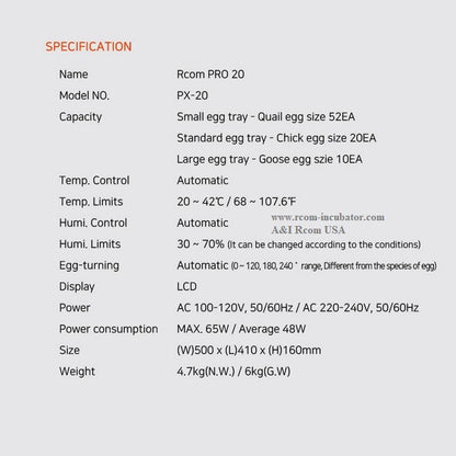 Pro-20 Incubator by Rcom USA,"Product specification sheet with capacity and control details"