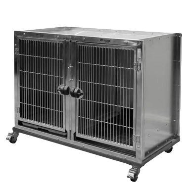 Base for WZ-304 Half Bank with 4 Casters by Waggz,"Stainless steel double-door kennel base on casters"