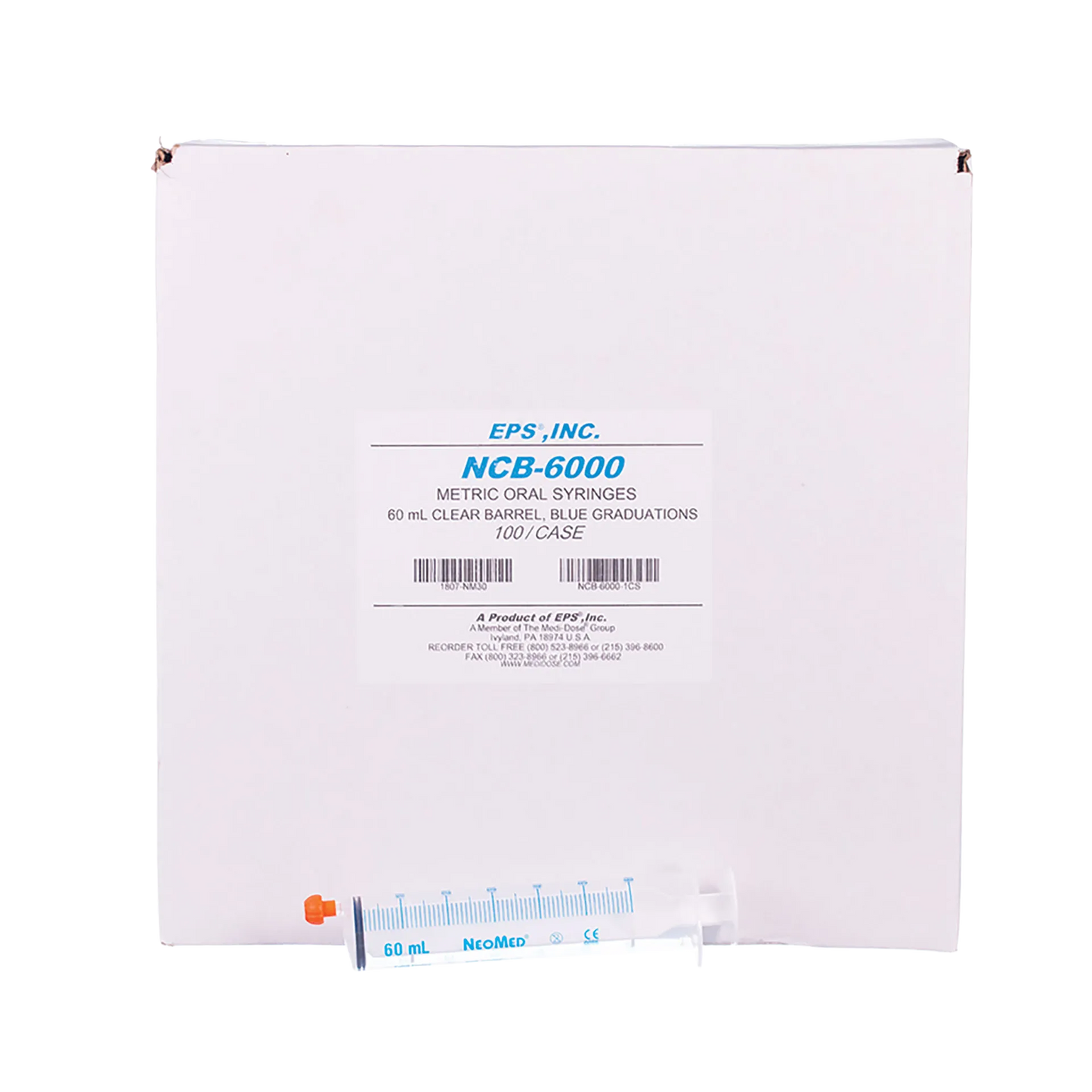 O-Ring Syringe,"Clear oral syringe with blue graduations in front of product box"