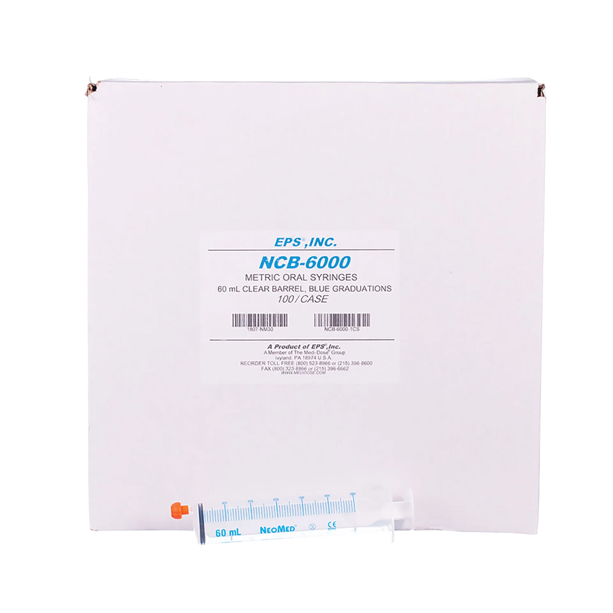 O-Ring Syringe,"Clear oral syringe with blue graduations in front of product box"