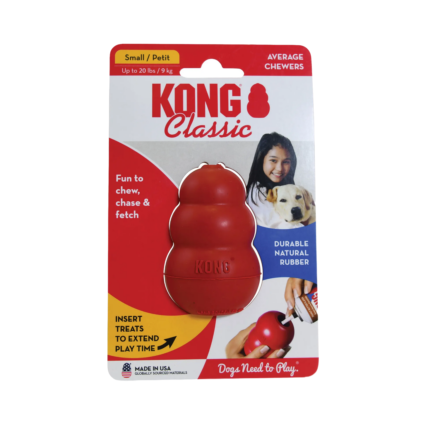 Kong® Classic,"Red rubber dog toy in retail blister packaging"
