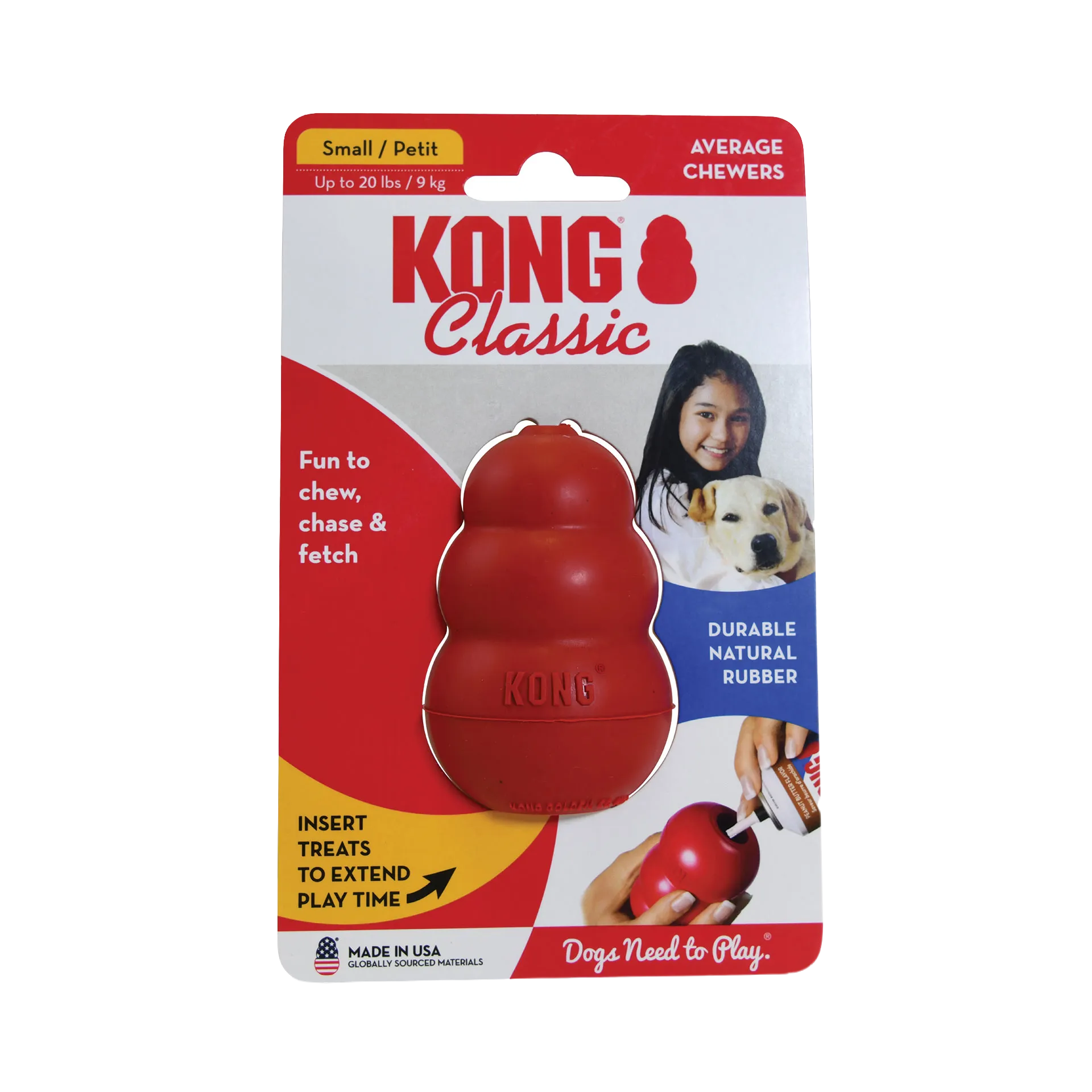 Kong® Classic,"Red rubber dog toy in retail blister packaging"