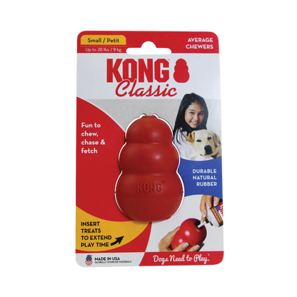 Kong® Classic,"Red rubber dog toy in retail blister packaging"